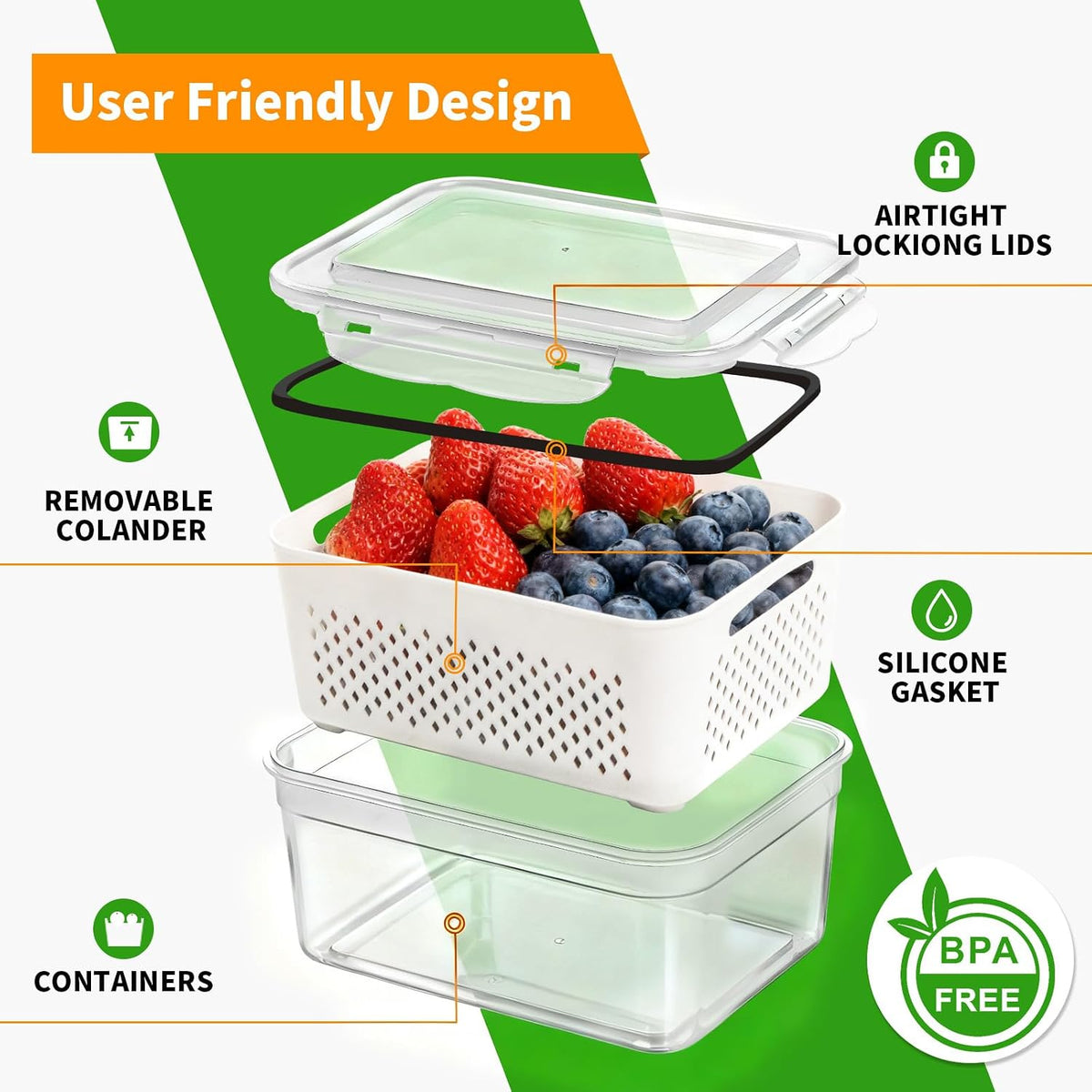 Airtight Fruit Storage Containers for Fridge With Colanders