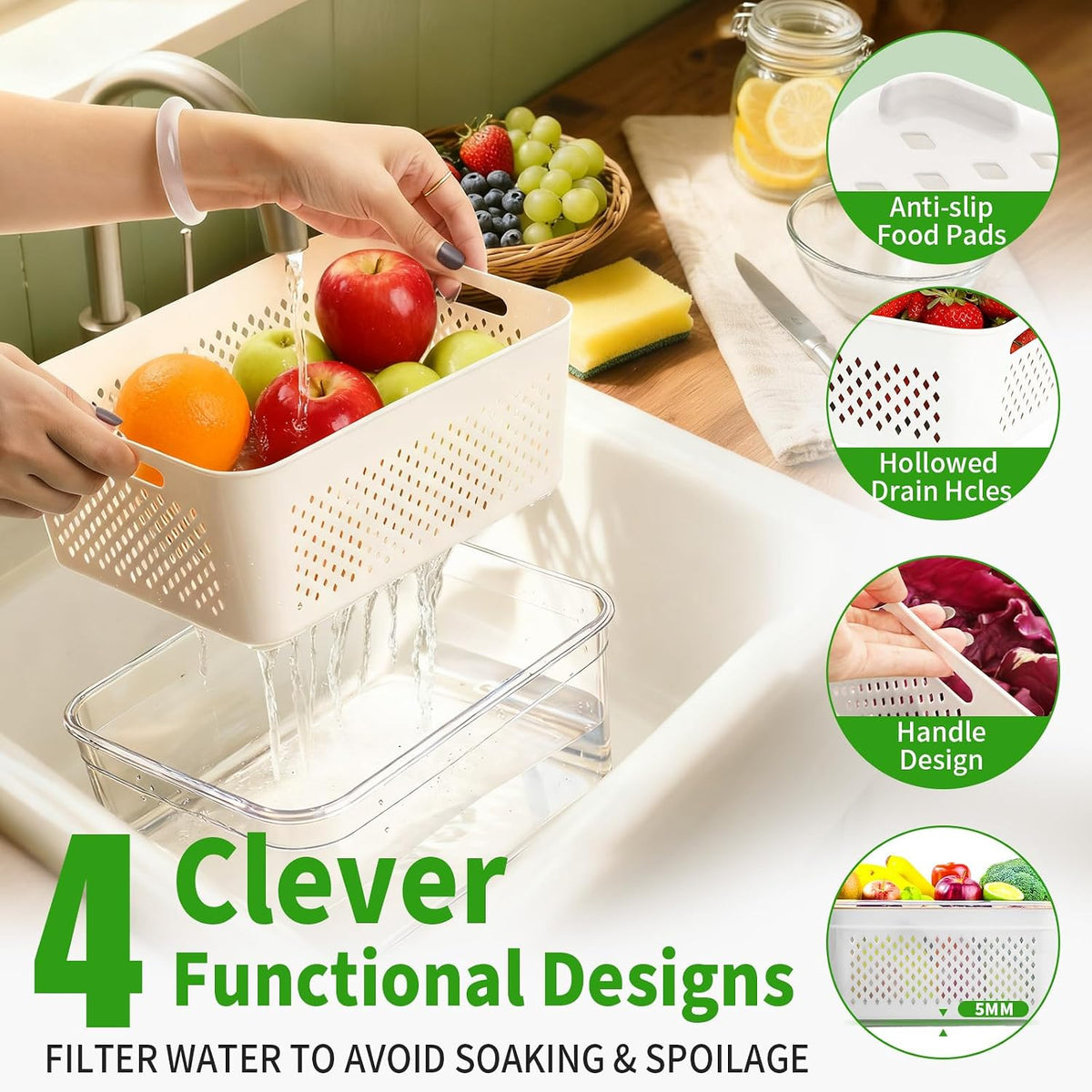 Airtight Fruit Storage Containers for Fridge With Colanders