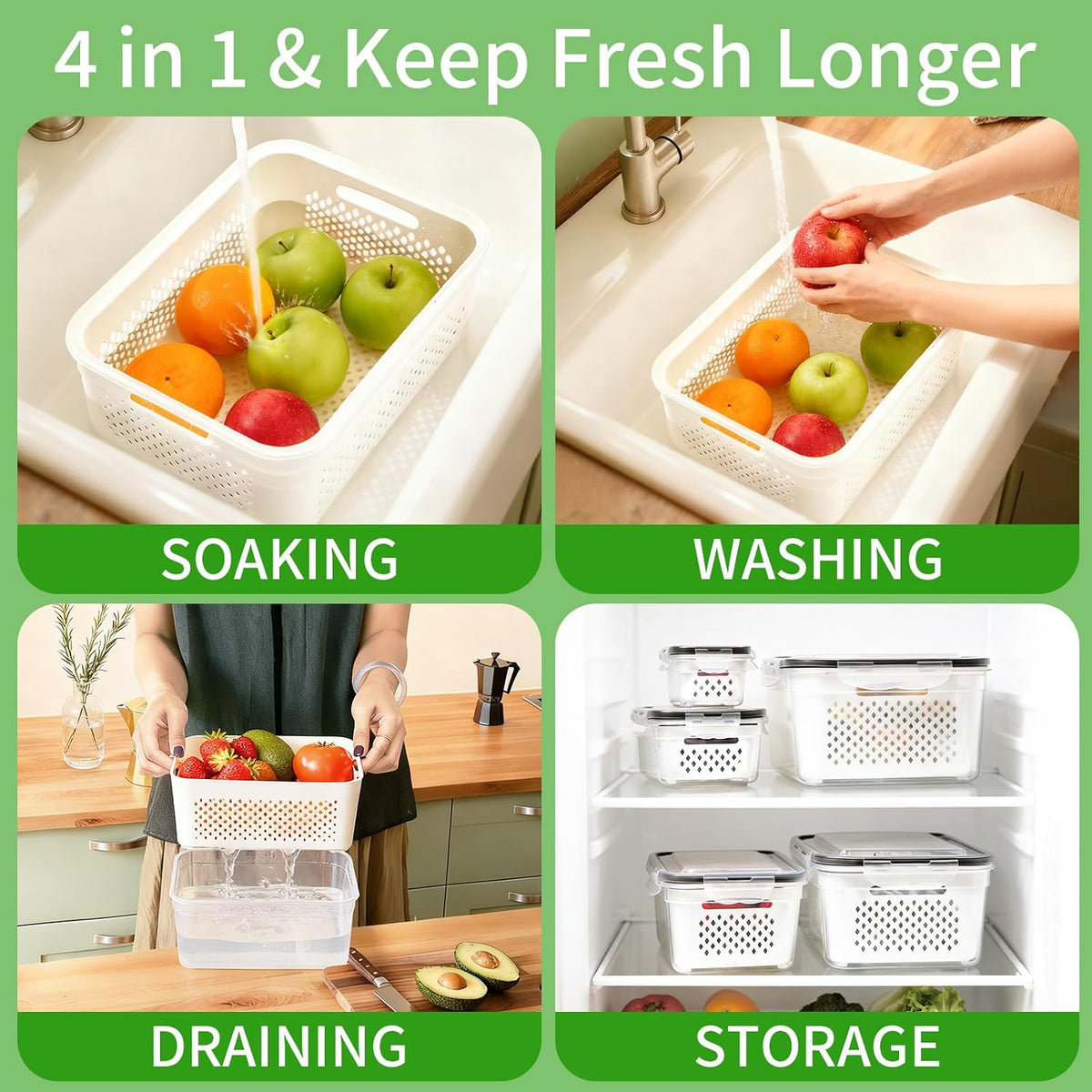 Airtight Fruit Storage Containers for Fridge With Colanders