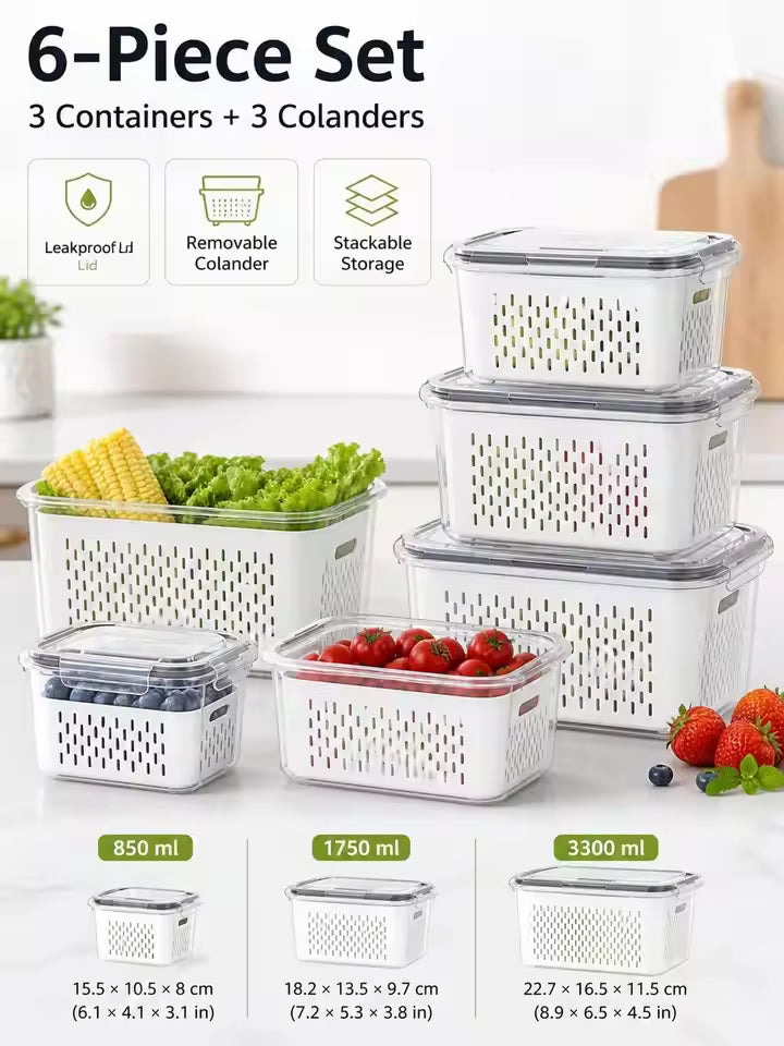 Pack OF 6 Fruit Storage Containers for Fridge With Colanders